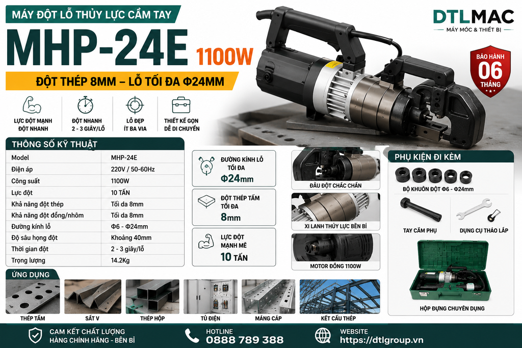 Máy Đột Lỗ Thủy Lực Cầm Tay MHP-24E 1100W – Đột Thép 8mm, Lỗ Tối Đa Φ24mm