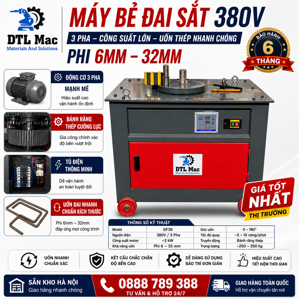Máy Uốn Thép GF36 380V 3 Pha Từ Phi 6–36mm – Máy Uốn Thép Xây Dựng Công Suất Lớn Giá Rẻ