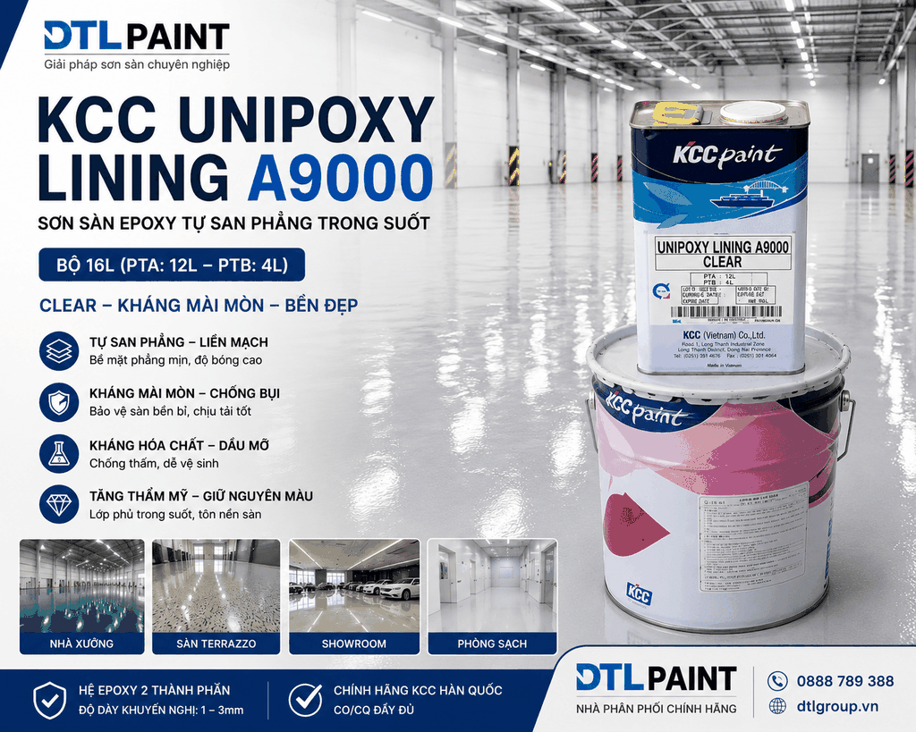 KCC Unipoxy Lining A9000 Bộ 16L – Sơn Sàn Epoxy Tự San Phẳng Trong Suốt