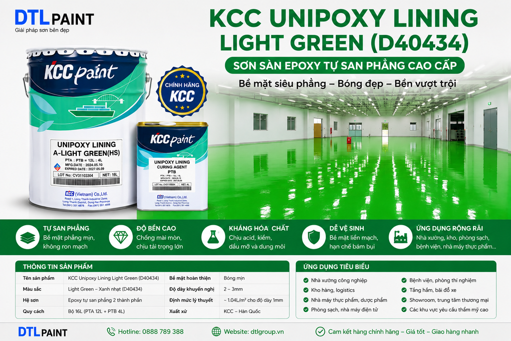 KCC Unipoxy Lining Light Green Bộ 16L – Sơn Sàn Epoxy Tự San Phẳng Màu Xanh (D40434) Chính Hãng