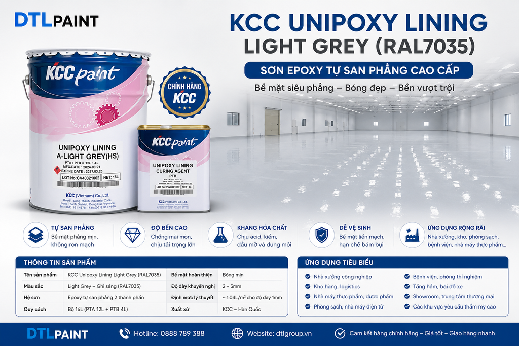 KCC Unipoxy Lining Light Grey Bộ 16L – Sơn Sàn Epoxy Tự San Phẳng Màu Ghi Sáng (Ral7035) Chính Hãng