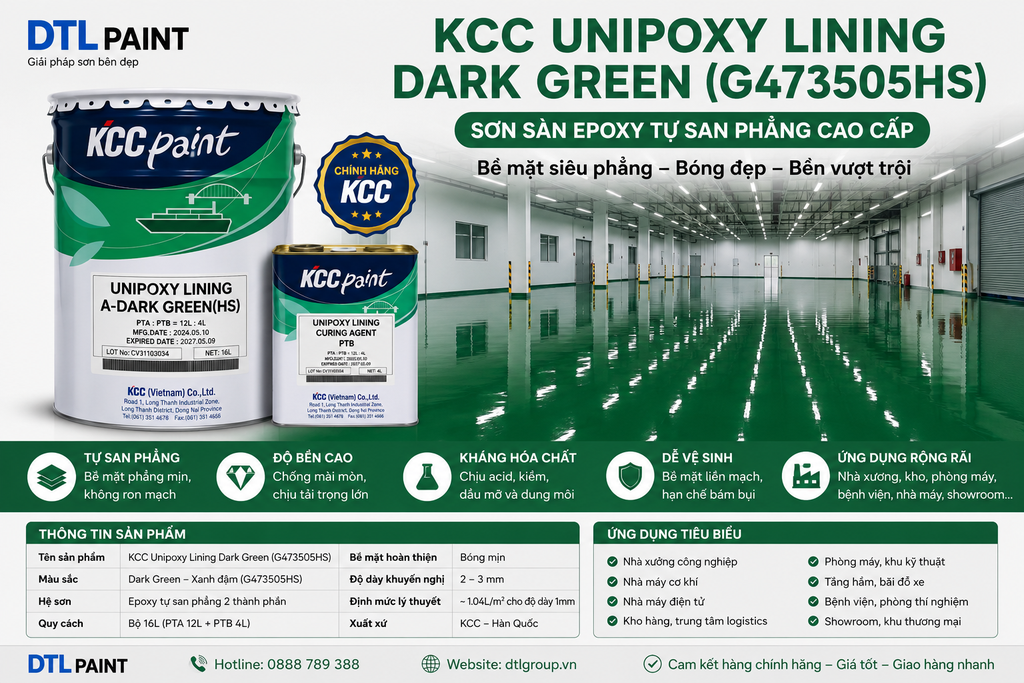 KCC Unipoxy Lining Dark Green Bộ 16L – Sơn Sàn Epoxy Tự San Phẳng Màu Xanh (G473505HS) Chính Hãng
