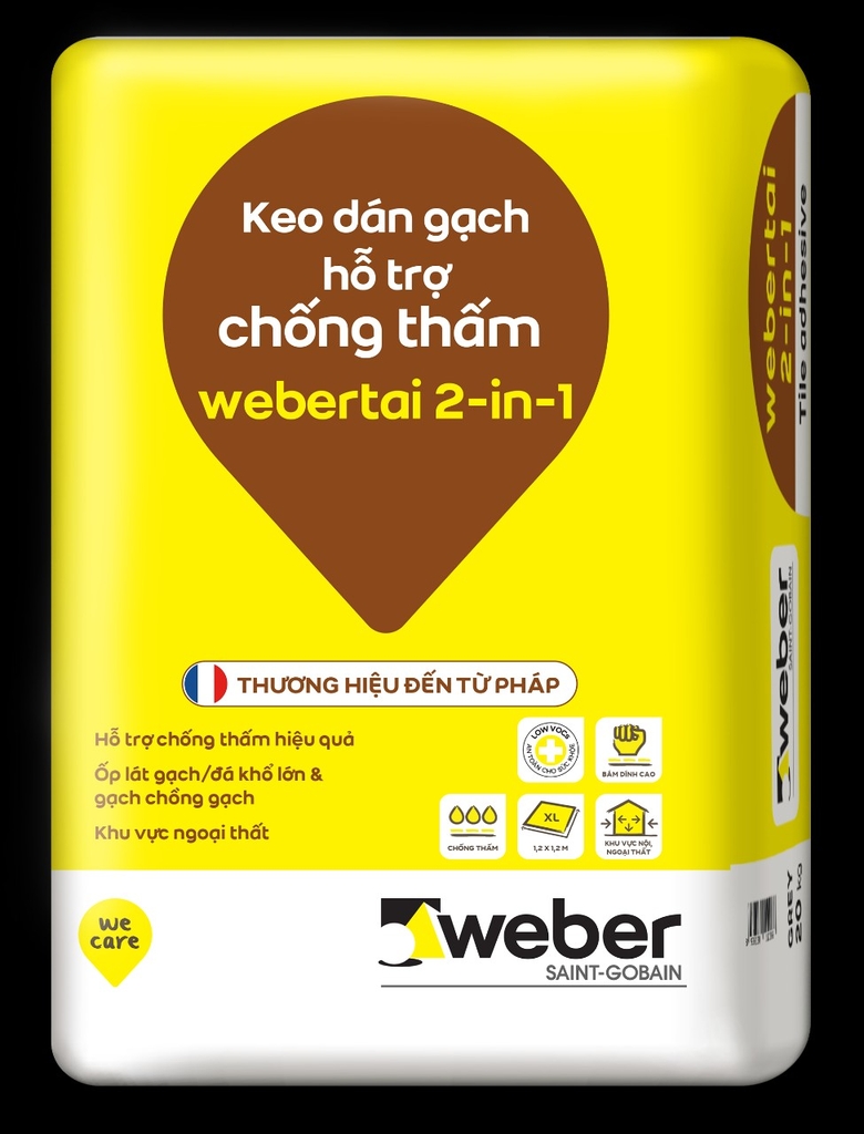 Weber.tai 2 in 1 20Kg - Keo dán gạch hỗ trợ CHỐNG THẤM và chuyên dán GẠCH CHỒNG GẠCH