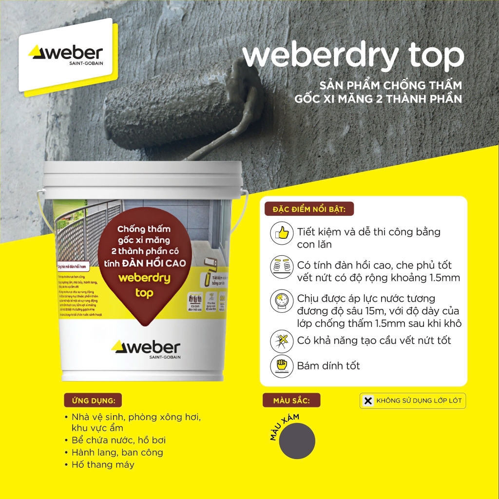 Weberdry Top 5kg - Chống thấm 2 Thành phần Xi Măng + Polymer đàn hồi cao