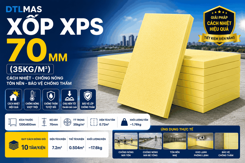 Xốp XPS 70mm (35kg/m³) | Tấm 1200x600mm | Cách Nhiệt, Chống Nóng, Tôn Nền, Bảo Vệ Chống Thấm
