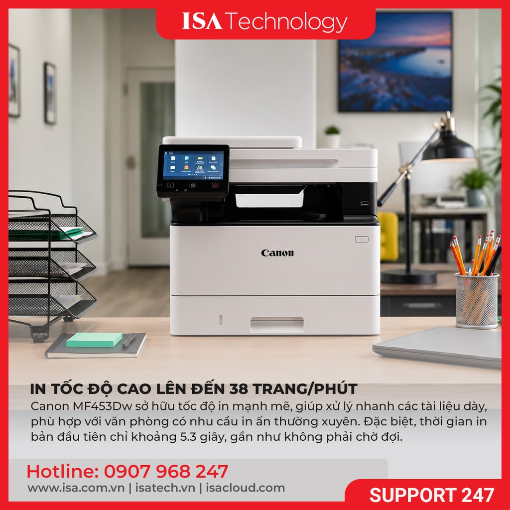 Máy in Canon MF453dw Laser đa chức năng In Scan Copy, Duplex tự động, WiFi, ADF 50 tờ, 4 trang/phút
