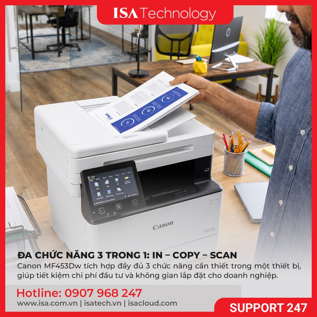 Máy in Canon MF453dw Laser đa chức năng In Scan Copy, Duplex tự động, WiFi, ADF 50 tờ, 4 trang/phút