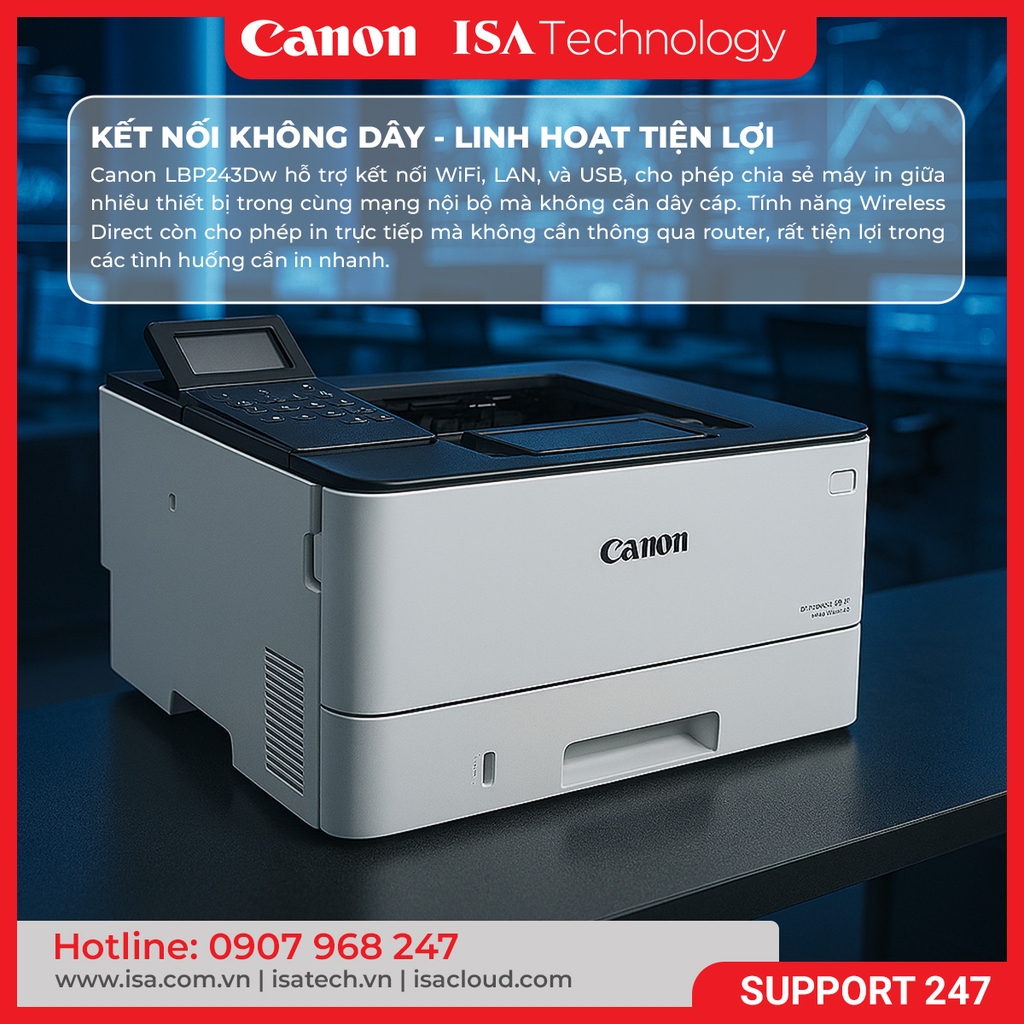 Máy in Laser trắng đen đa năng Canon LBP243DW in đảo mặt A4 A5 USB LAN WIFI