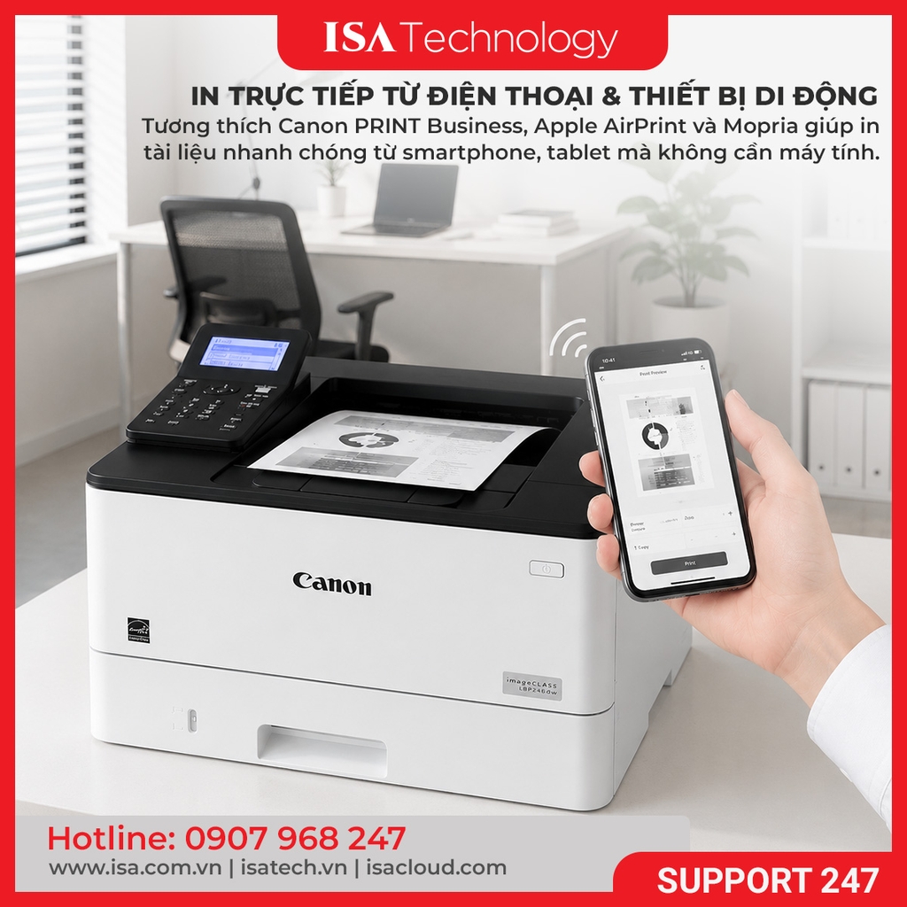 Máy In Laser trắng đen Canon LBP246DW 40ppm, In 2 mặt tự động, WiFi LAN USB, In điện thoại, 10.200 Trang hàng chính hãng