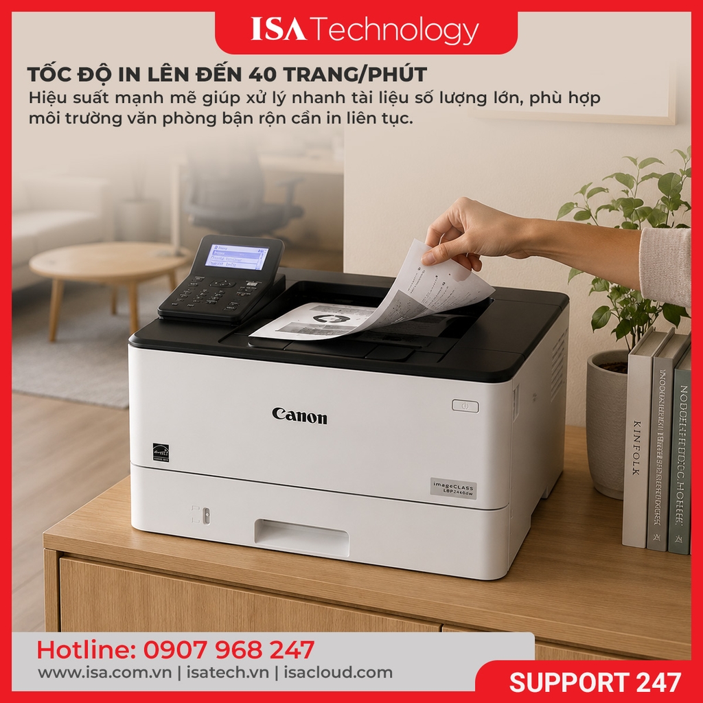 Máy In Laser trắng đen Canon LBP246DW 40ppm, In 2 mặt tự động, WiFi LAN USB, In điện thoại, 10.200 Trang hàng chính hãng