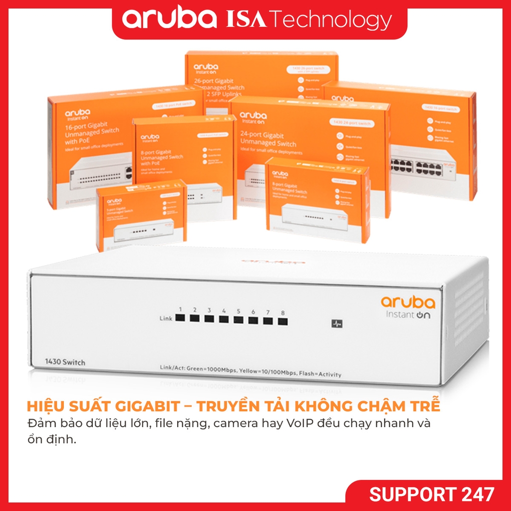 Switch Aruba Instant On 1430 8G  (R8R45A) 8port 16Gbps không cần cấu hình