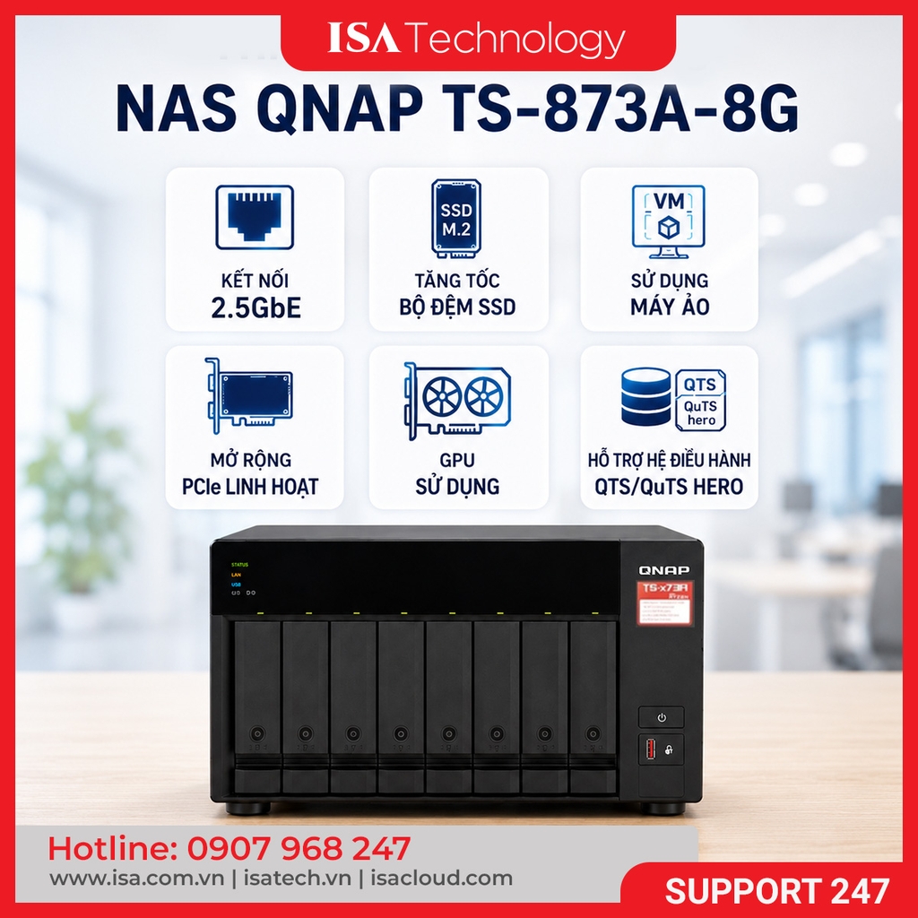 Thiết bị lưu trữ mạng NAS QNAP TS-873A-8G | 8 khay ổ cứng RAM 8G nâng cấp tối đa 64GB