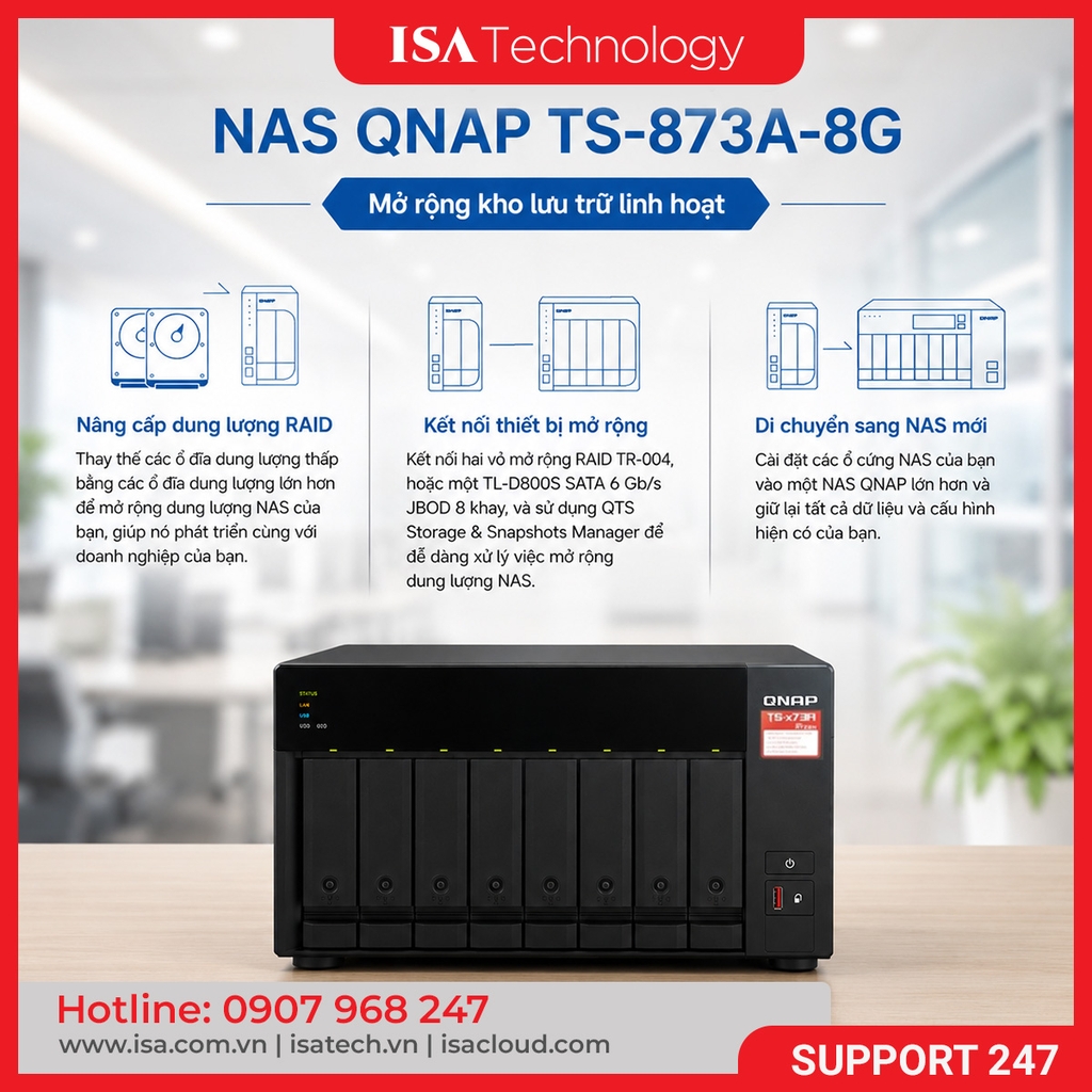 Thiết bị lưu trữ mạng NAS QNAP TS-873A-8G | 8 khay ổ cứng RAM 8G nâng cấp tối đa 64GB