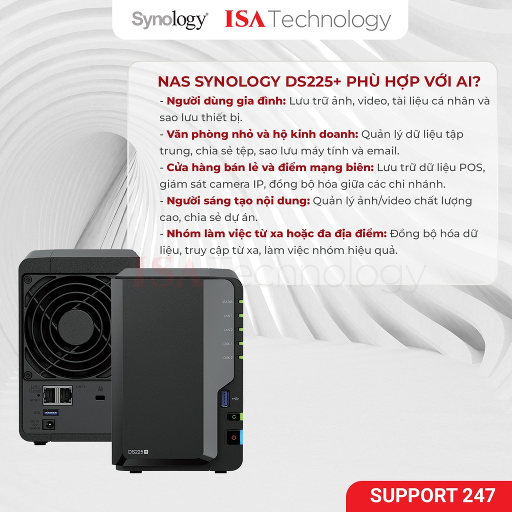 Thiết bị lưu trữ NAS Synology DS225+ 2-bay ổ cứng bảo hành 36 tháng