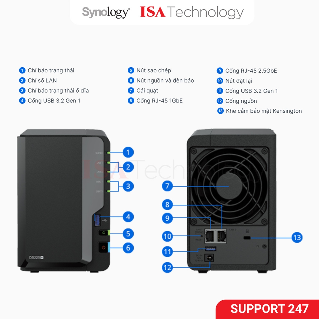 Thiết bị lưu trữ NAS Synology DS225+ 2-bay ổ cứng bảo hành 36 tháng