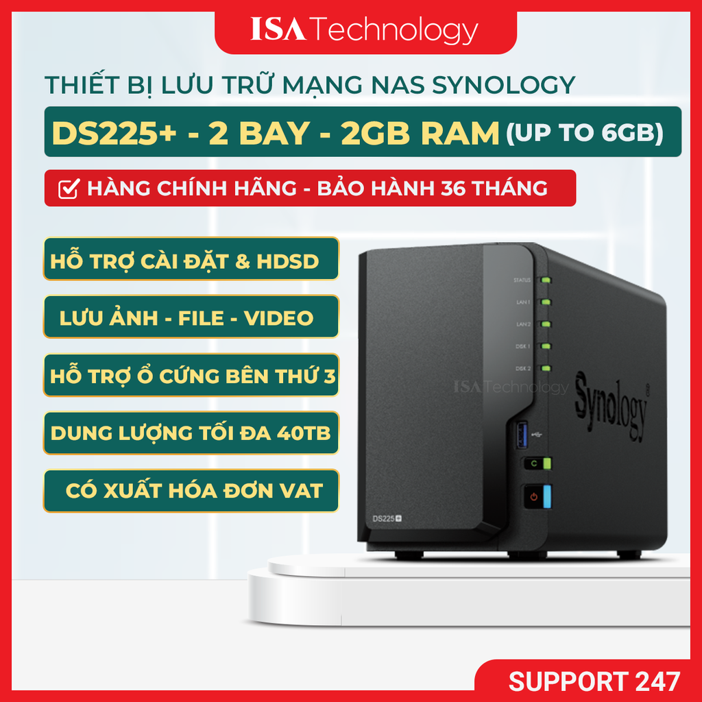 Thiết bị lưu trữ NAS Synology DS225+ 2-bay ổ cứng bảo hành 36 tháng