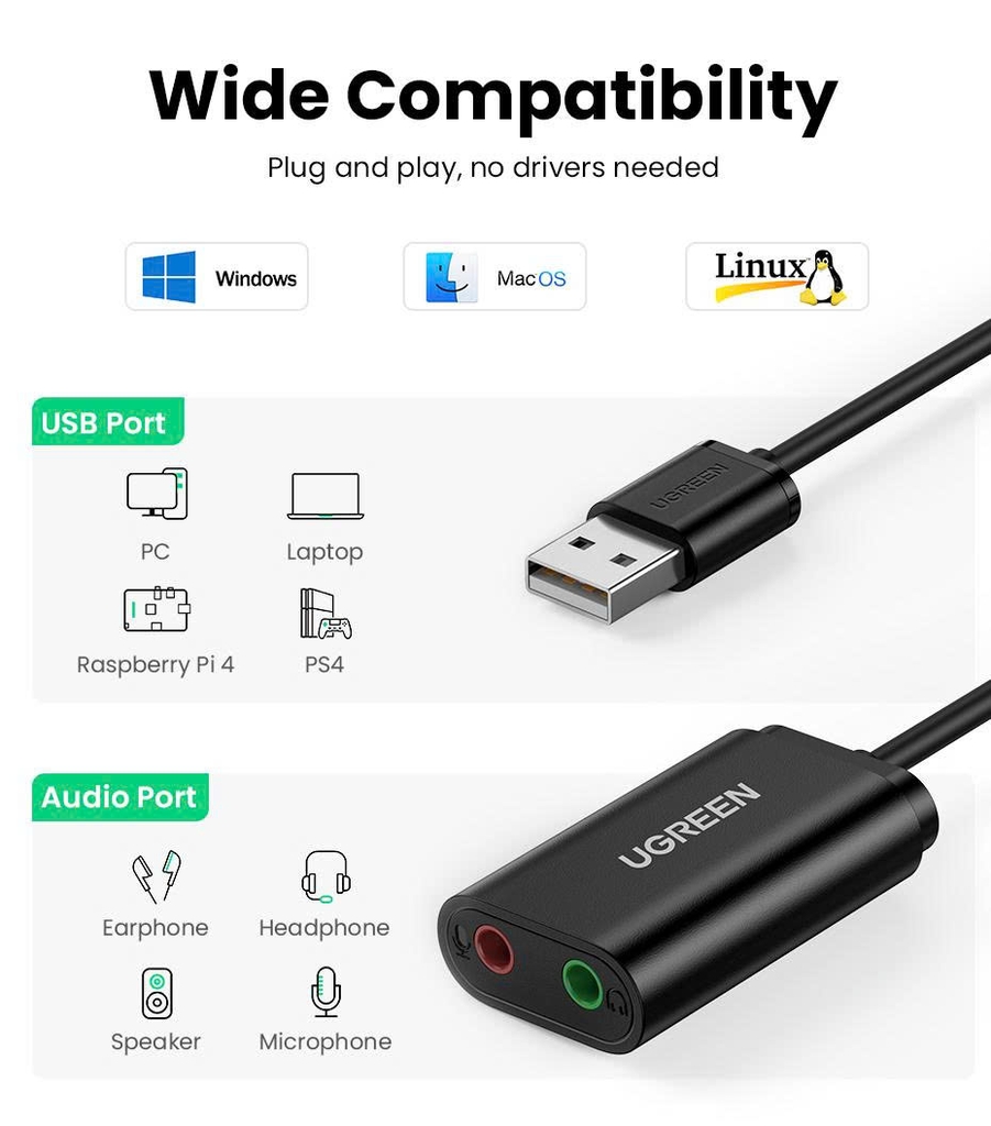 Cáp chuyển USB 2.0 sang 3.5mm Ugreen 30724 US205 màu đen dùng cho tai nghe máy tính, loa máy tính