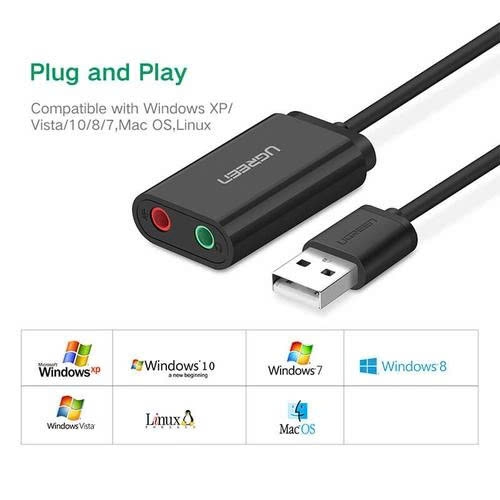Cáp chuyển USB 2.0 sang 3.5mm Ugreen 30724 US205 màu đen dùng cho tai nghe máy tính, loa máy tính