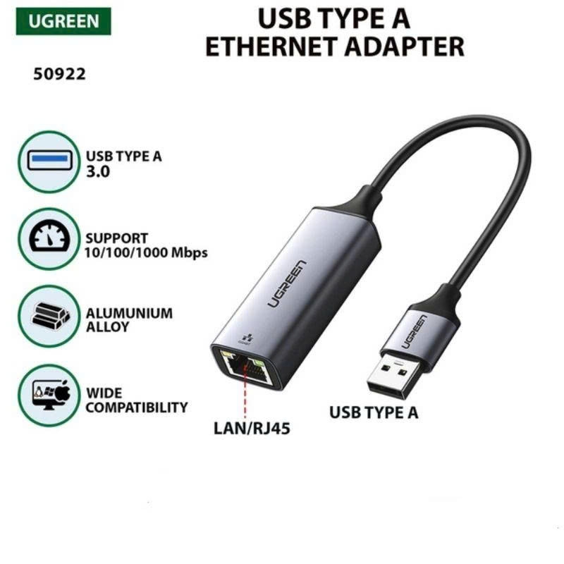 Cáp chuyển USB 3.0 sang mạng Lan 10/100/1000Mbps Gigabit Ugreen 50922 vỏ nhôm cao cấp