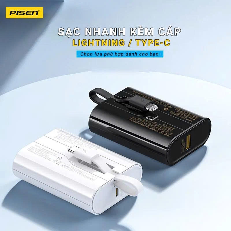 Sạc dự phòng có dây Pisen Quick PowerLink Tiny 22.5W 10000mAh TP D29 cáp Ligtning màu trắng