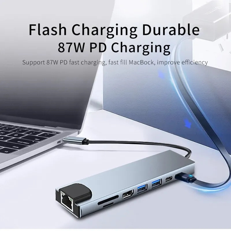 Cáp chuyển Type C sang HDMI RJ45 Lan thẻ nhớ SD Micro SD sạc 8 in 1 đa chức năng dùng cho máy tính, điện thoại...