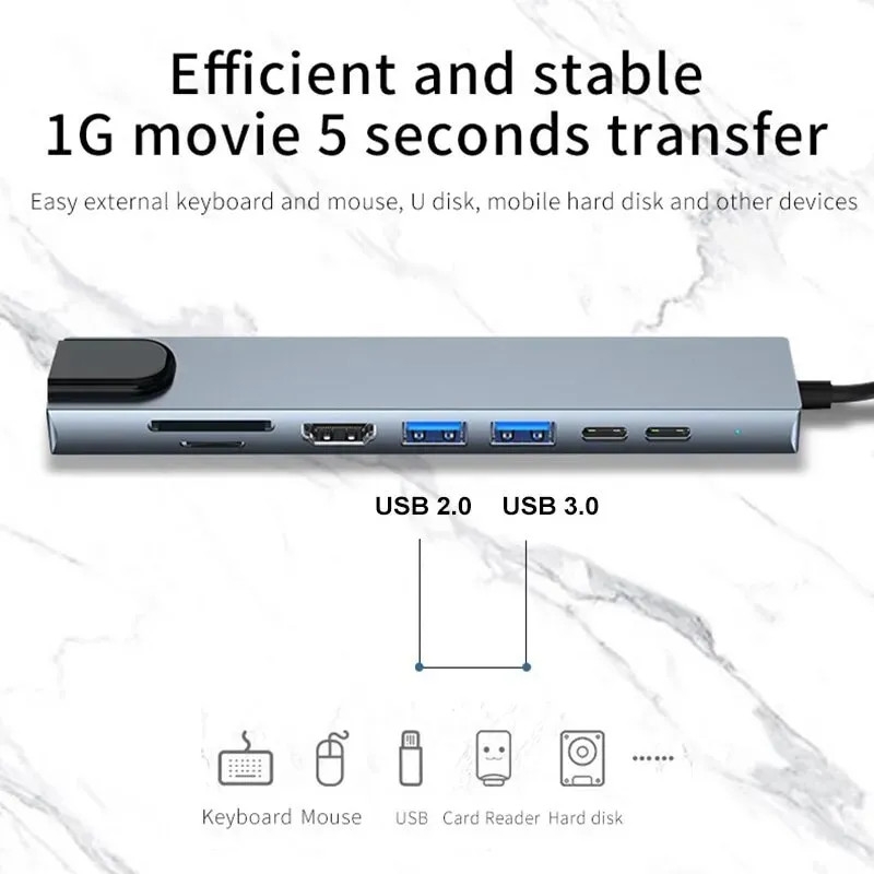 Cáp chuyển Type C sang HDMI RJ45 Lan thẻ nhớ SD Micro SD sạc 8 in 1 đa chức năng dùng cho máy tính, điện thoại...