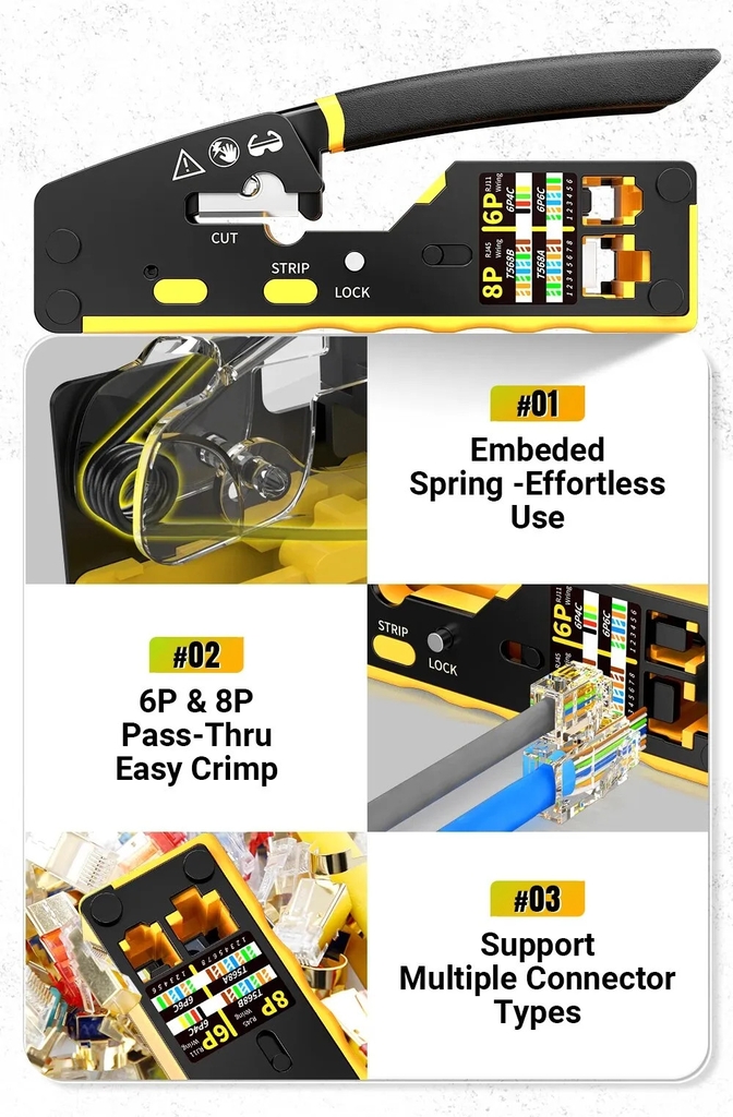 Ampcom Kìm bấm mạng RJ45 điện thoại RJ11 R12 3 in 1 cắt bấm dải Lan cat8/7/6A/6/5E (STP/UTP)
