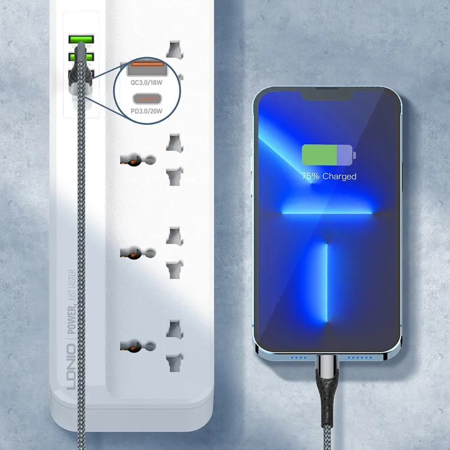 Ổ cắm điện đa năng LDNIO SC5415 5 cổng AC 3 cổng USB 1 cổng Type C PD20W 2500W dài 2m màu trắng