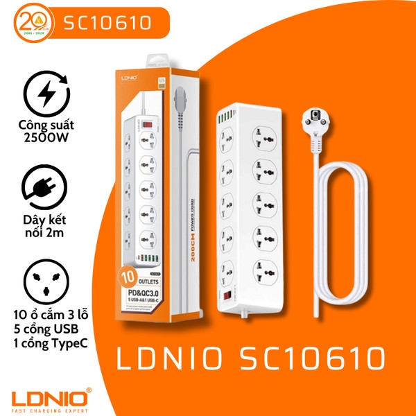 Ổ cắm điện đa năng LDNIO SC10610 10 cổng AC 5 cổng USB 1 cổng Type C PD20W 2500W dài 2m màu trắng