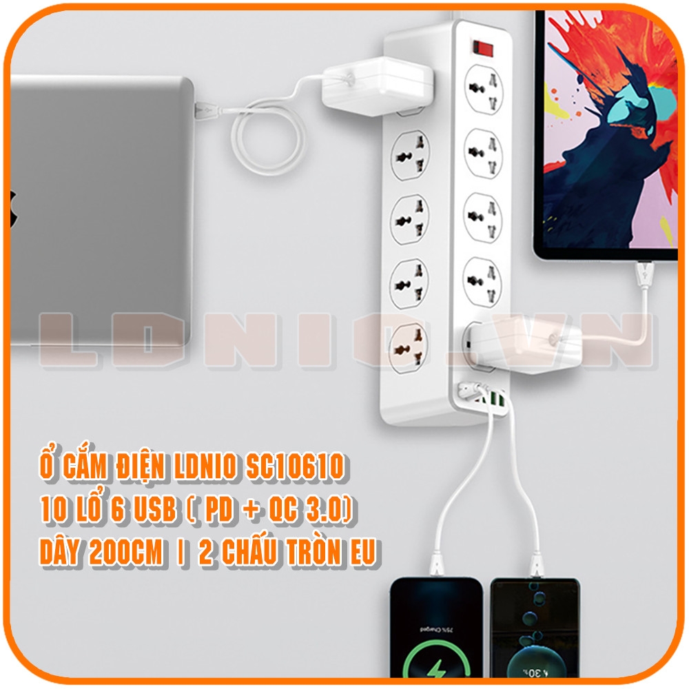 Ổ cắm điện đa năng LDNIO SC10610 10 cổng AC 5 cổng USB 1 cổng Type C PD20W 2500W dài 2m màu trắng