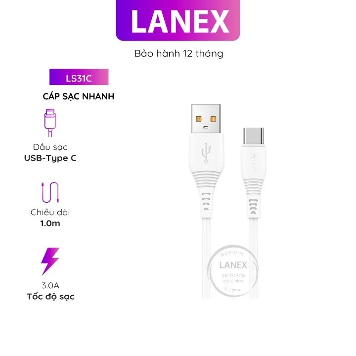 Cáp Sạc Nhanh Type C Lanex LS31C nhựa Pvc dài 1.0m