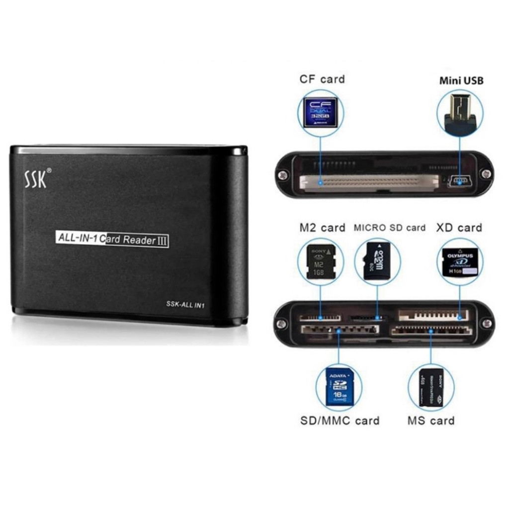 Đầu đọc thẻ nhớ đa năng CF SD micro SD-MMC-M2-MS-XD(Đen) SSK 025