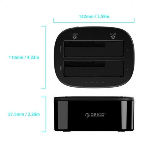 Đế (Dock) ổ cứng 2 bay 3.5/2.5 USB đen USOrico 6228US3-C-BK, Offclone USB 3.0 màu đen