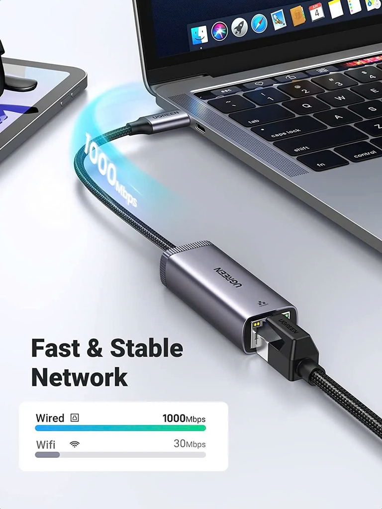 Ugreen Cáp chuyển USB Type C sang mạng Lan, RJ 45 Ugreen 50737 CM199 tốc độ 1Gb/1000Mb màu ghi vỏ nhôm