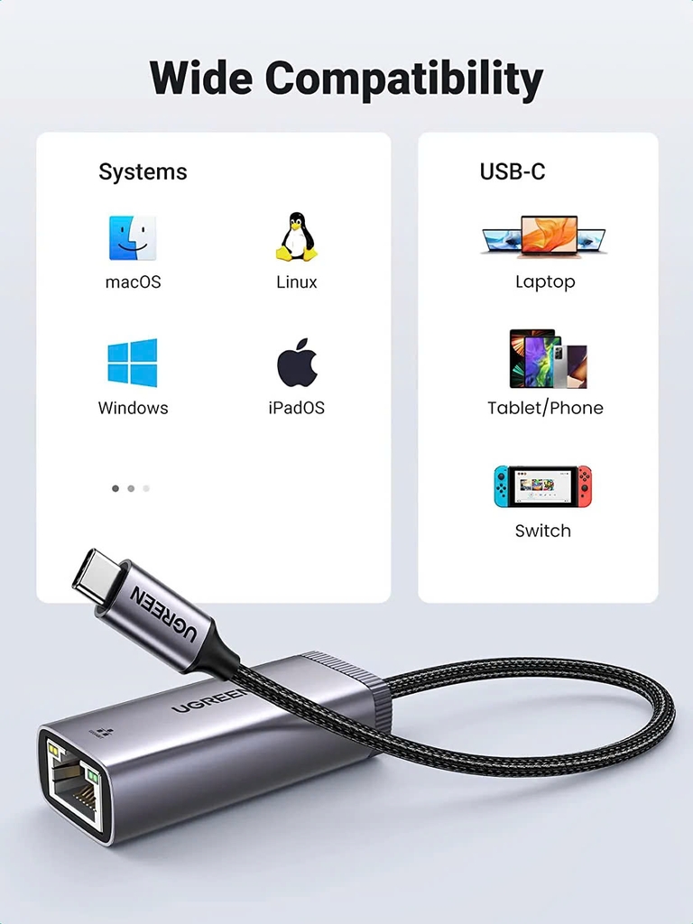 Ugreen Cáp chuyển USB Type C sang mạng Lan, RJ 45 Ugreen 50737 CM199 tốc độ 1Gb/1000Mb màu ghi vỏ nhôm