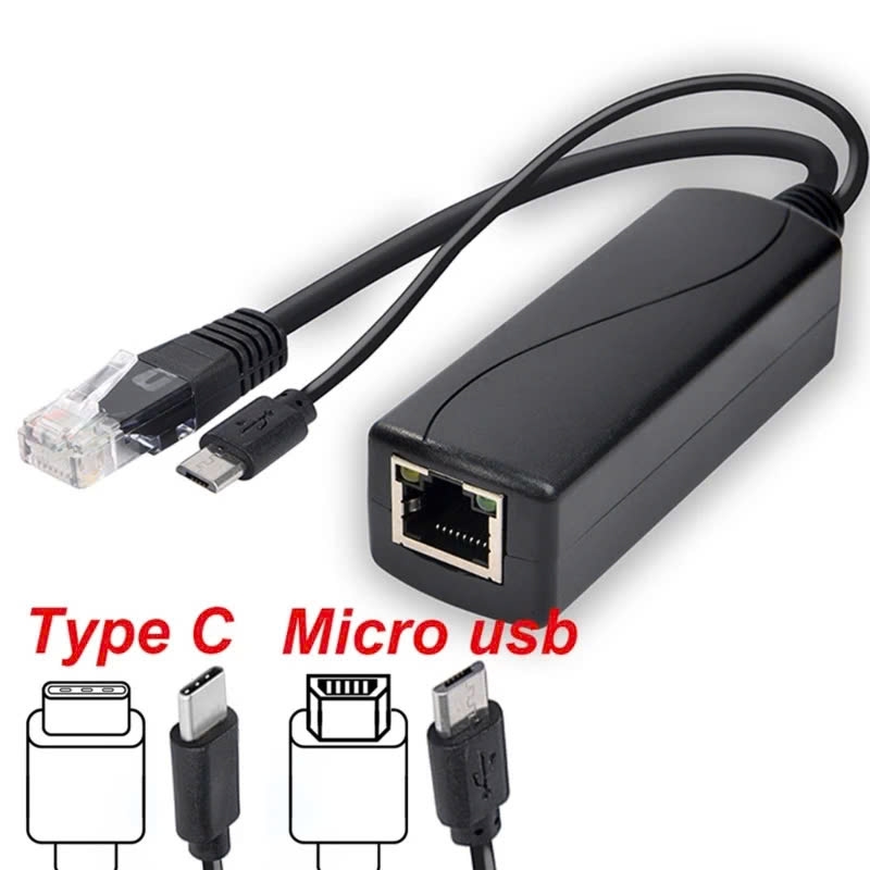 Bộ chuyển nguồn PoE Splitter 48V sang 12V 1A-2A zắc 5.5 x 2.1 Type C Micro B