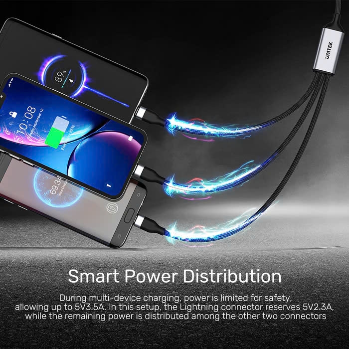 Unitek Cáp sạc điện thoại Type C sang 3 đầu Iphone/Type C/Micro B Unitek C14101AGY 20W dài 1.5m màu xám