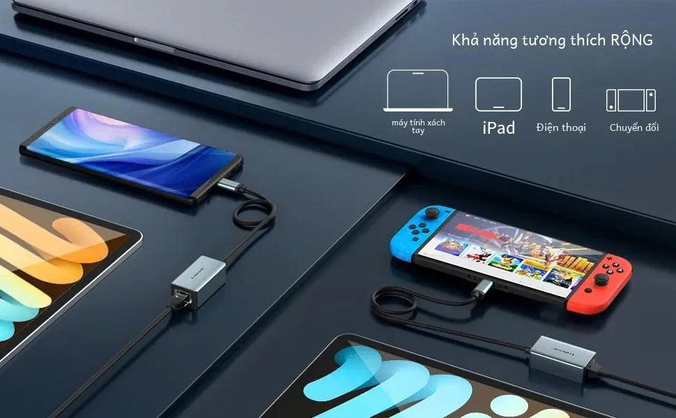 Lemorele  Cáp chuyển Type C sang mạng Lan RJ Lemorele tốc độ 1 Gigabyte 100/1000Mps hợp kim nhôm dài 40cm