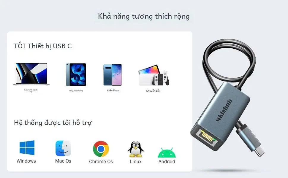 Lemorele  Cáp chuyển Type C sang mạng Lan RJ Lemorele tốc độ 1 Gigabyte 100/1000Mps hợp kim nhôm dài 40cm