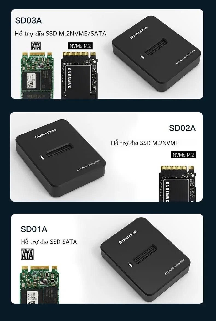 Đế (Dock) đọc ổ cứng SSD M2 NVME, M2 sata gắn ngoài tùy chọn