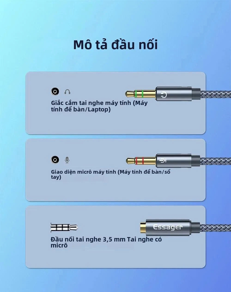 Cáp Gộp Audio 3.5mm 2 Vào 1 Ra Essager (Mic và Headphone) dùng cho máy tính bàn, laptop