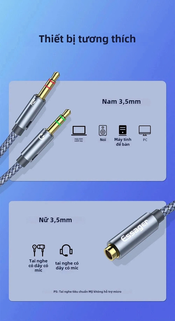 Cáp Gộp Audio 3.5mm 2 Vào 1 Ra Essager (Mic và Headphone) dùng cho máy tính bàn, laptop