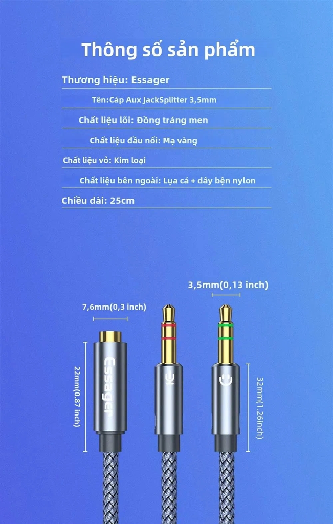 Cáp Gộp Audio 3.5mm 2 Vào 1 Ra Essager (Mic và Headphone) dùng cho máy tính bàn, laptop