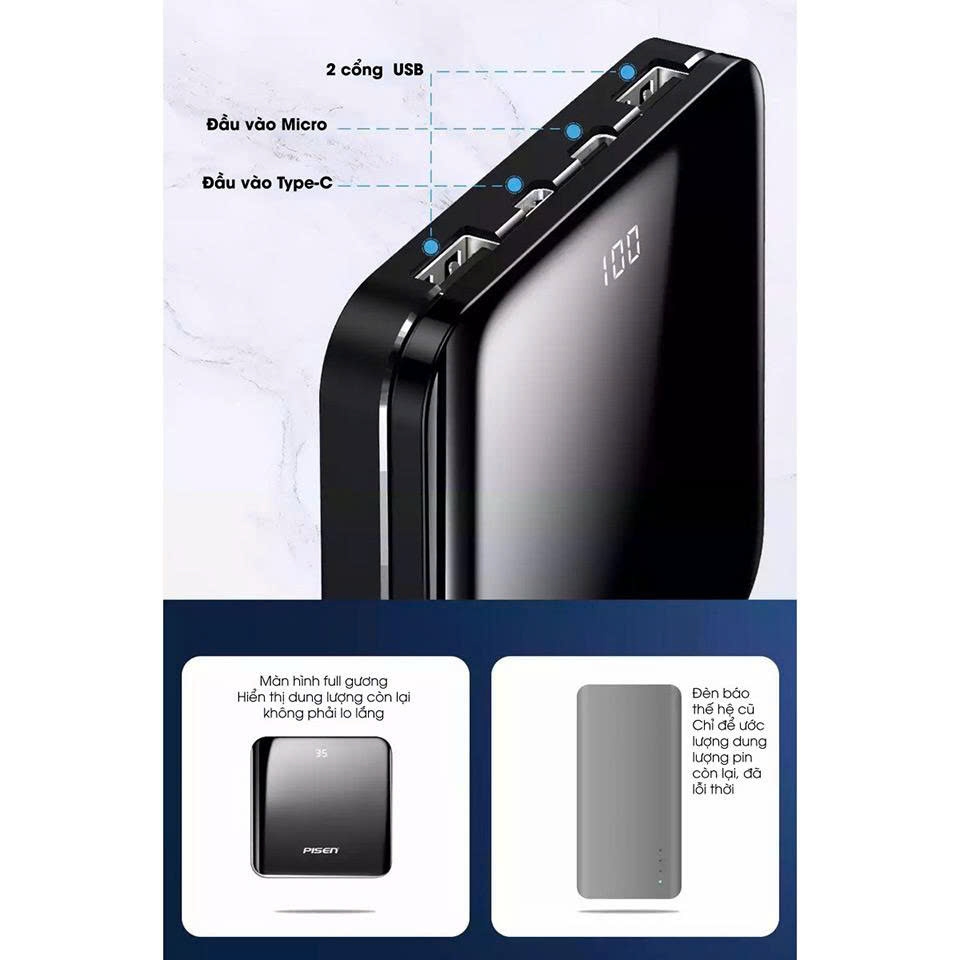 Pisen Sạc dự phòng Pisen TP-D45LS Led Mirror 10000mah thời trang , kính cường lực, màu đen