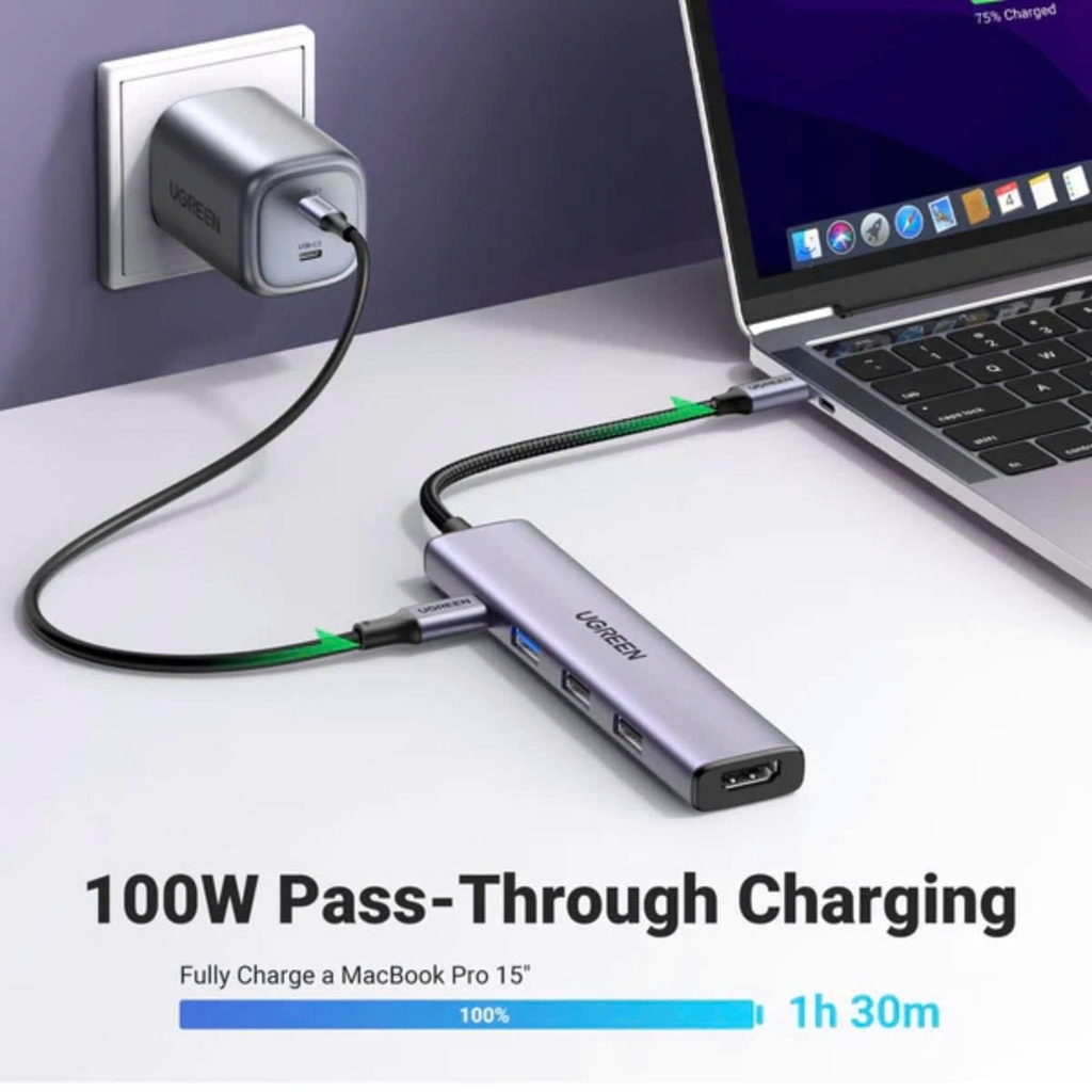 Cáp chuyển USB Type C sang HDMI  Ugreen 15495 5 trong 1 HDMI 4K@30Hz, USB 2.0, USB 3.0, Sạc PD 100W cao cấp