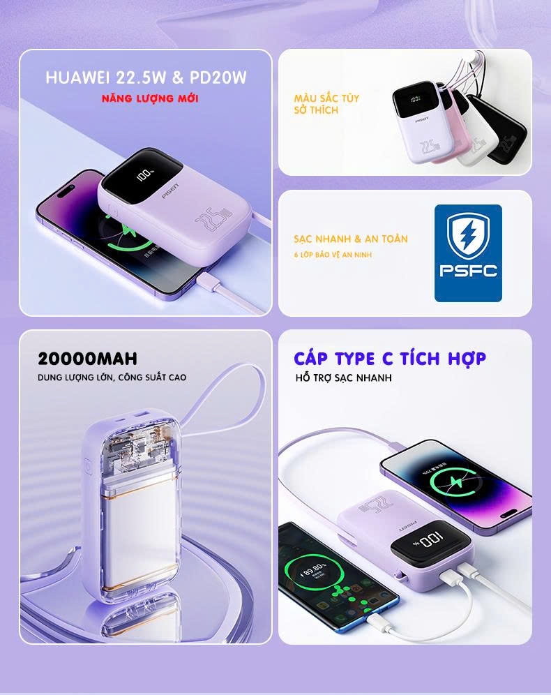 Pisen Sạc dự phòng Pisen TS D339 Quick High Power Link 20000mAh 22.5W (Only C) - Hạt đậu năng lượng