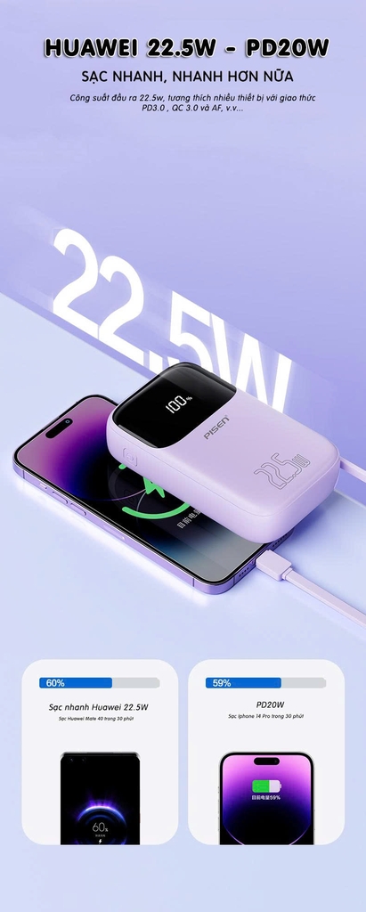 Pisen Sạc dự phòng Pisen TS D339 Quick High Power Link 20000mAh 22.5W (Only C) - Hạt đậu năng lượng