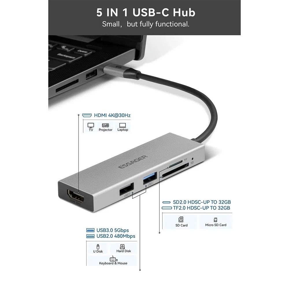 Essager Cáp chuyển Type C sang HDMI , USB, đầu đọc thẻ nhớ 5 in 1