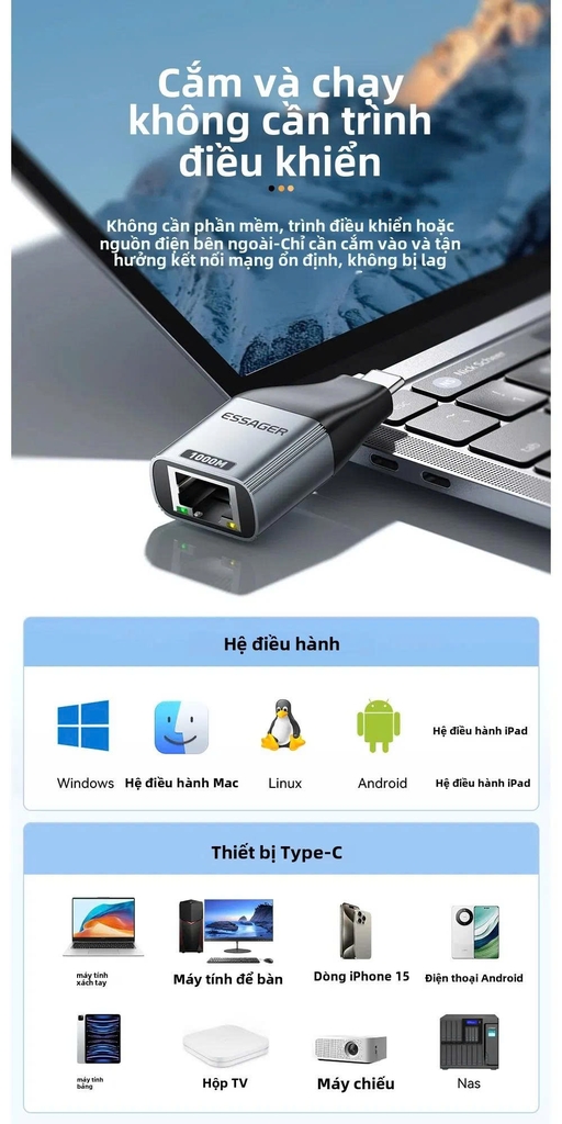 Essager Đầu đổi Type C sang Mạng Lan RJ45 Essager 100/1000Mbps Gigabit tùy chọn phân loại
