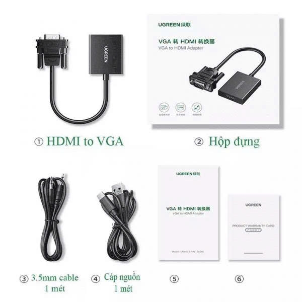 Cáp chuyển VGA sang HDMI Ugreenc CM513 50945 màu đen dài 25cm gắn từ máy tính,đầu ghi cổng Vga sang màn hình cổng HDMI